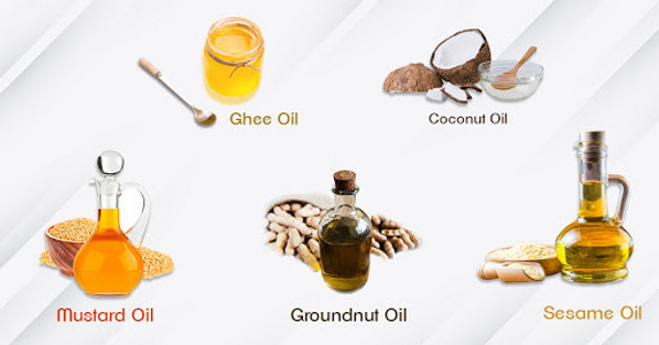 different types of oil coconut oil, mustard oil, ghee oil, sesame oil, groundnut oil